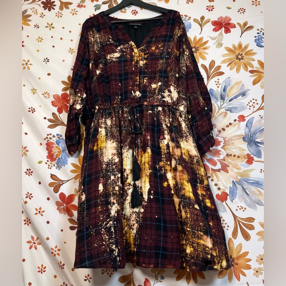 Lane Bryant 24 Red Plaid Grunge Seattle BleachDye Upcycle Fall Cinch Waist Dress